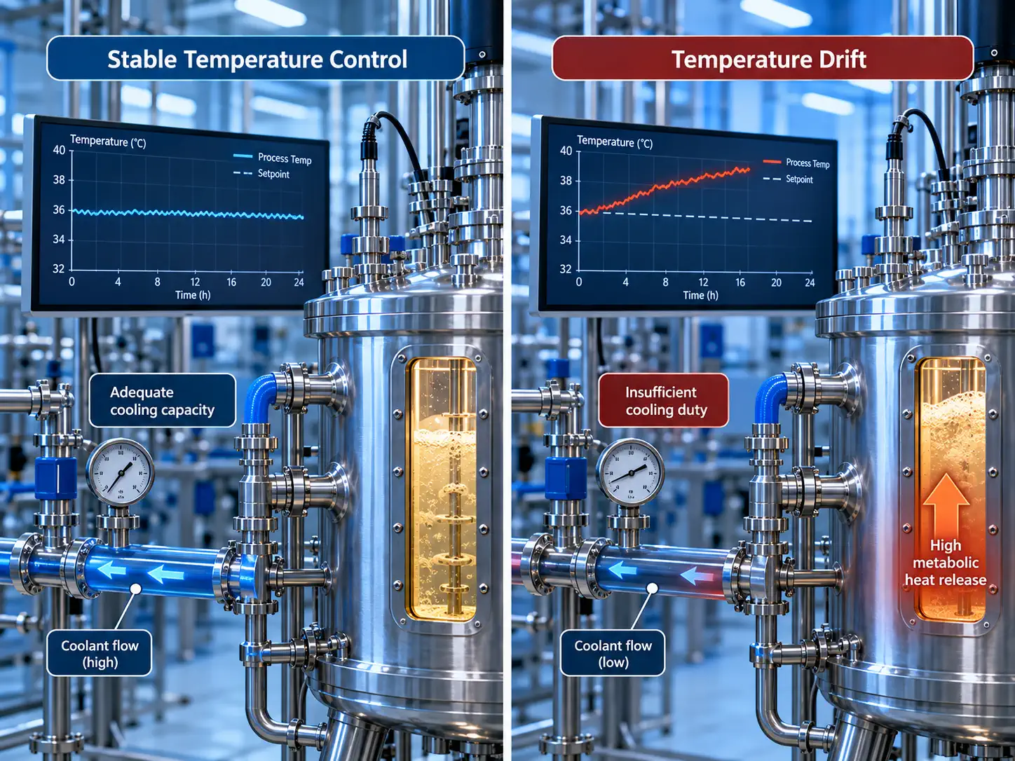 Illustrative bioreactor temperature control under adequate and limited cooling duty
