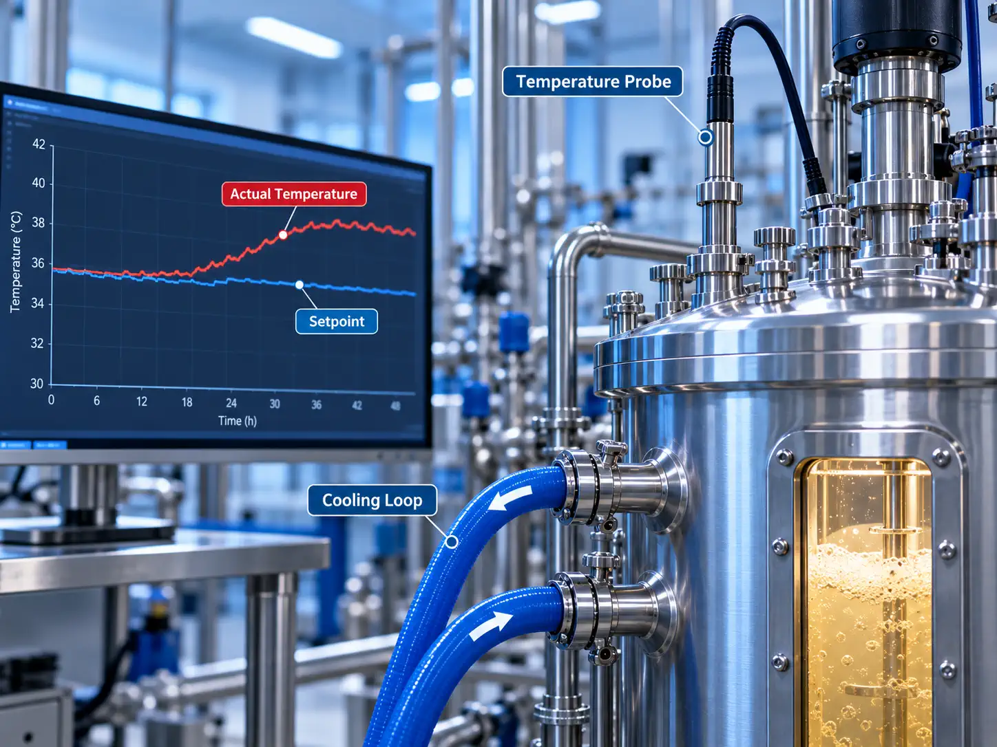 Conceptual fermenter temperature probe cooling loop and temperature trend