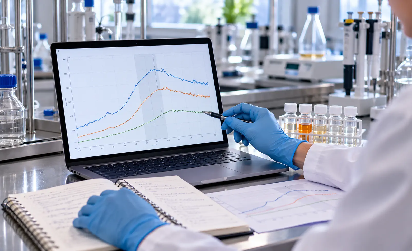 Reviewing synchronized trends together with sample logs helps distinguish treatment effects from time shifts, sensor drift and unscheduled interventions. Screen curves are illustrative.