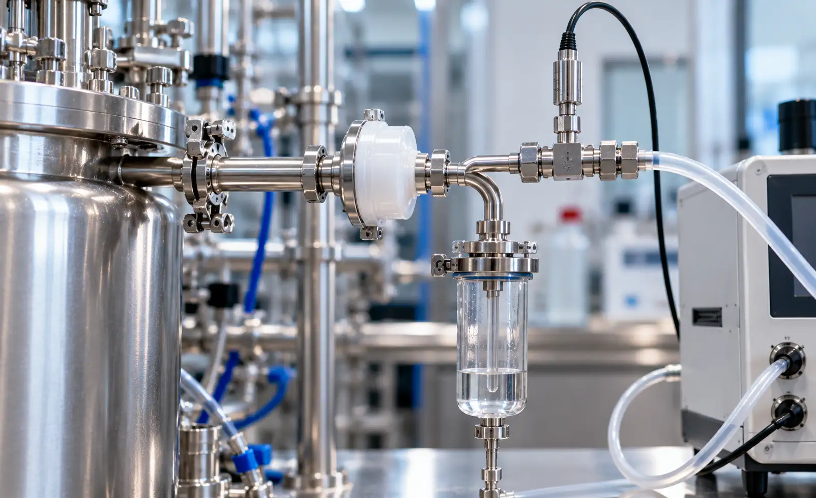 Illustration of bioreactor exhaust gas sampling filtering and condensate handling