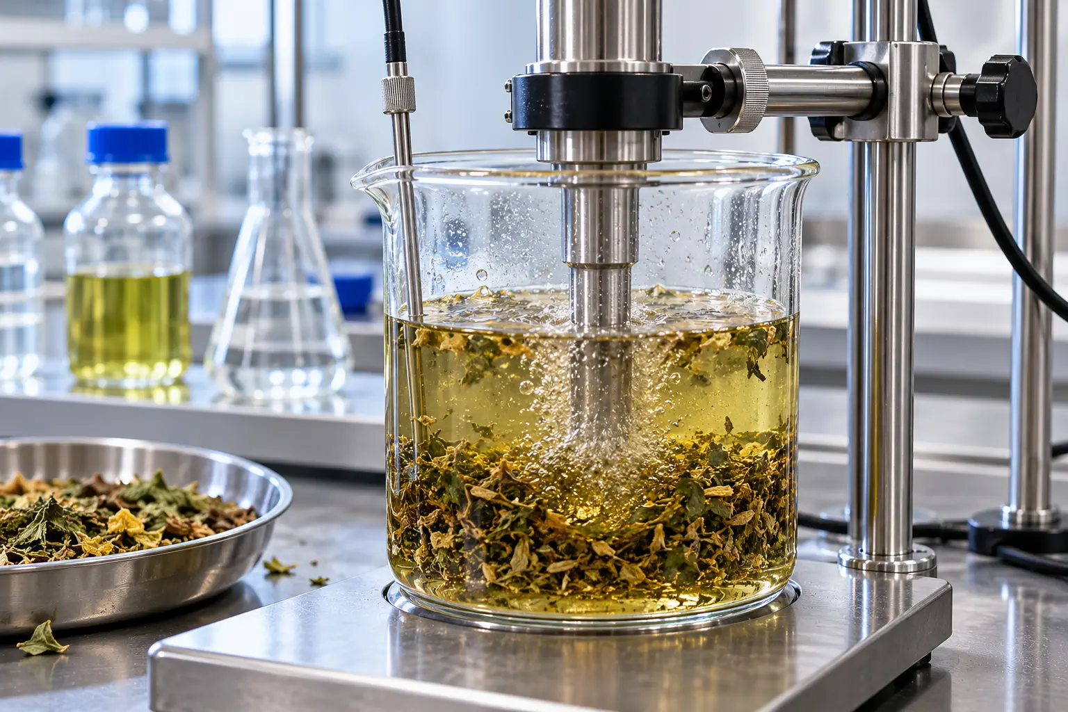 Laboratory ultrasonic extraction trial with botanical material