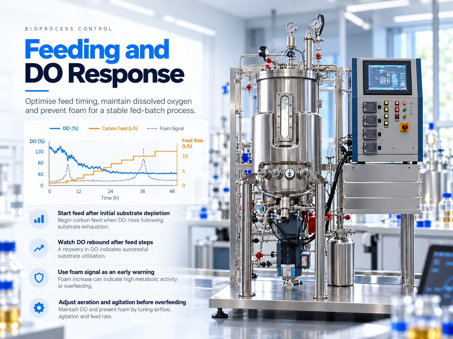 Conceptual dissolved oxygen trends in relation to fed-batch nutrient feed response