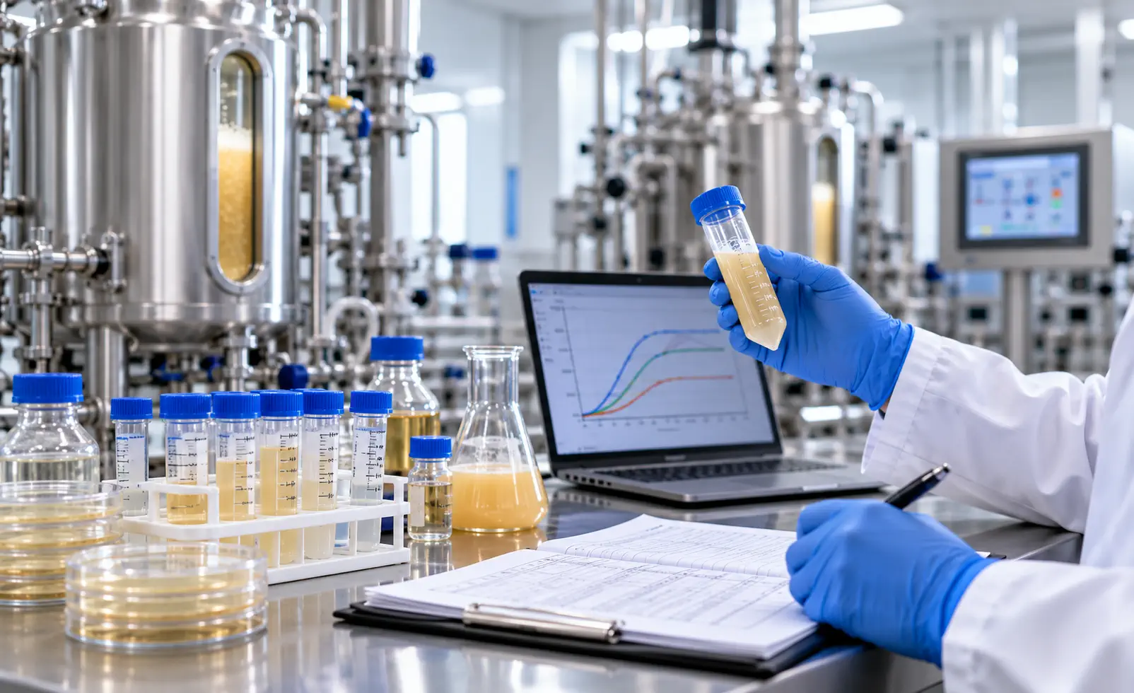 Researcher evaluating fermentation broth behavior and process measurements
