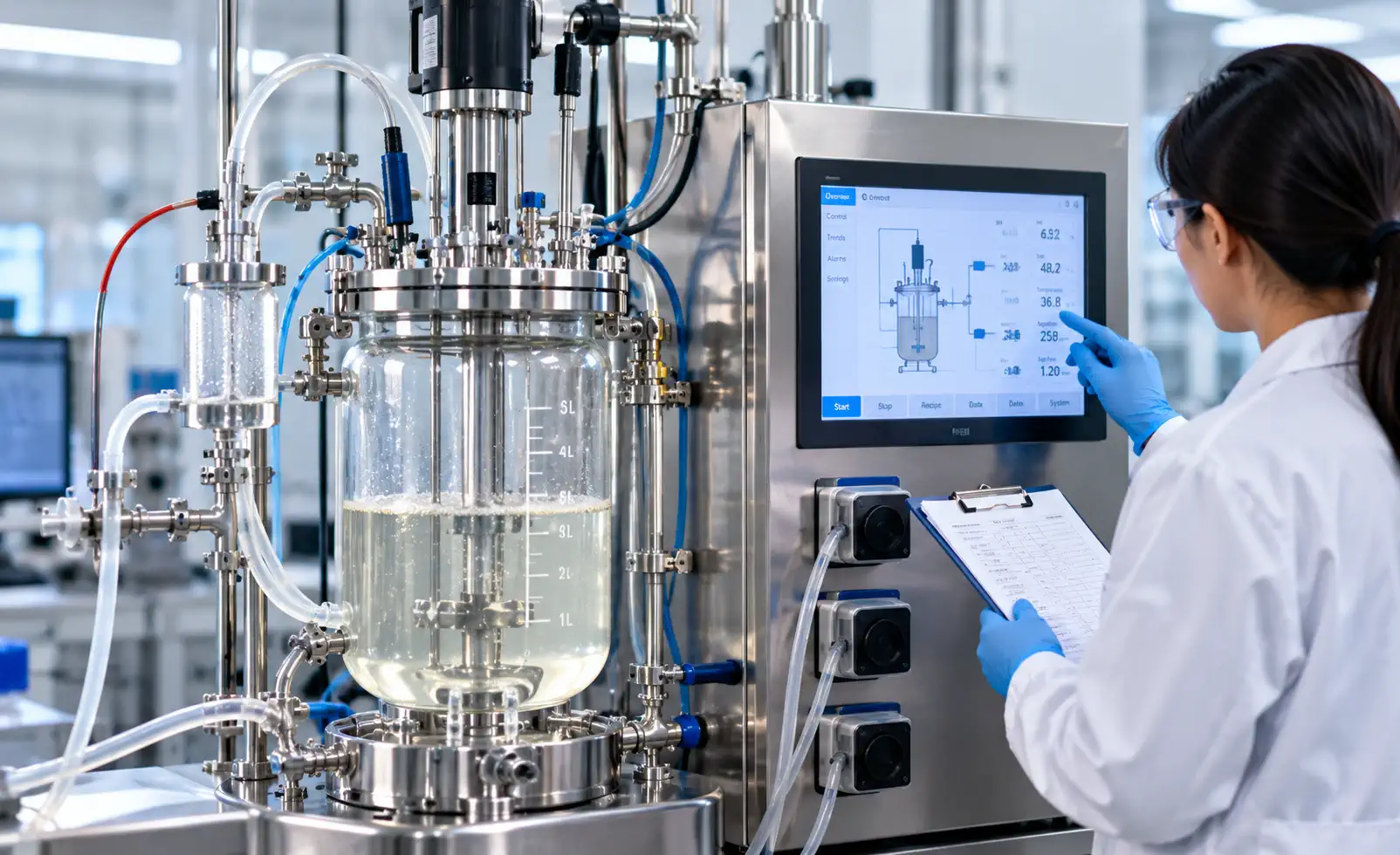 Operator monitoring a laboratory fermentation system with controller and dosing tubing