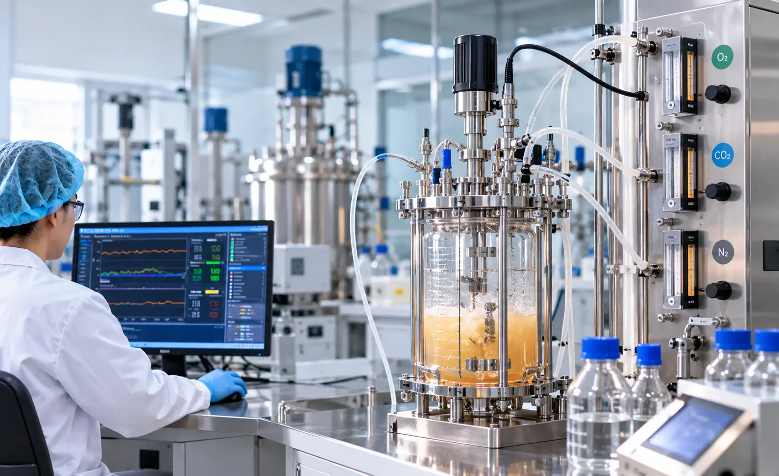 Illustration of gas flow and cultivation variable monitoring in a fermentation laboratory
