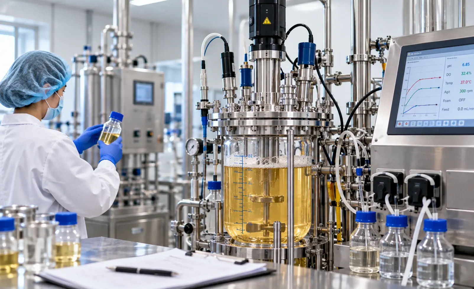 Editorial illustration of culture sampling, operator observation and process-trend checks. Shown equipment and displayed readings are conceptual, not verified OLLITAL product specificat