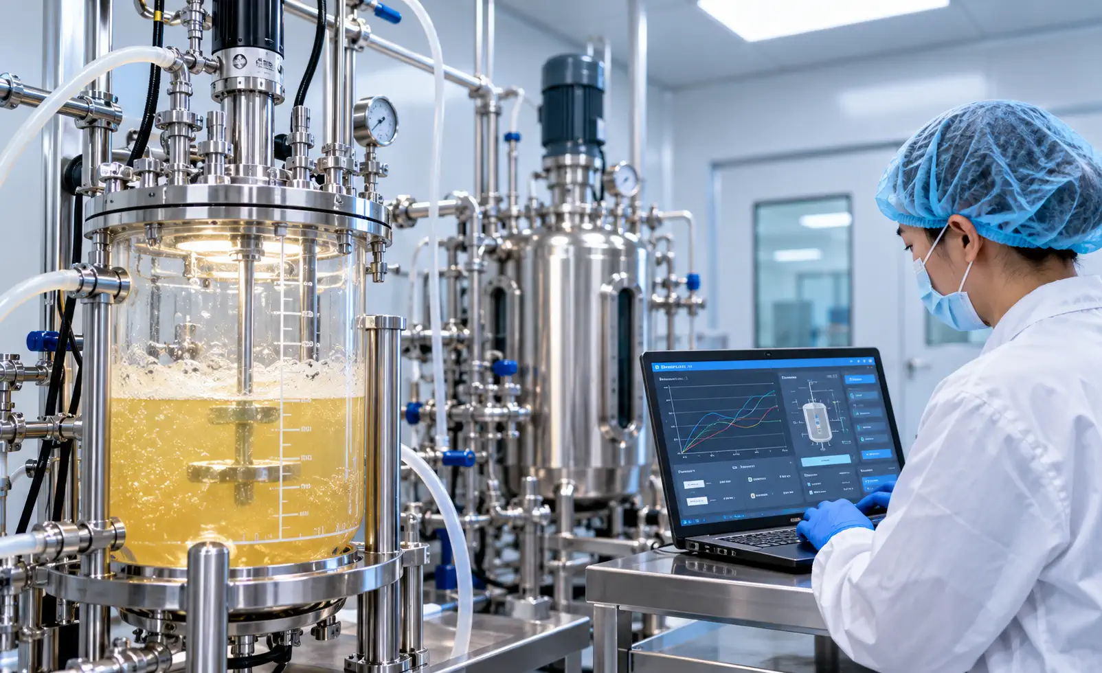 Illustrative operator reviewing microbial fermentation process trends on a laptop