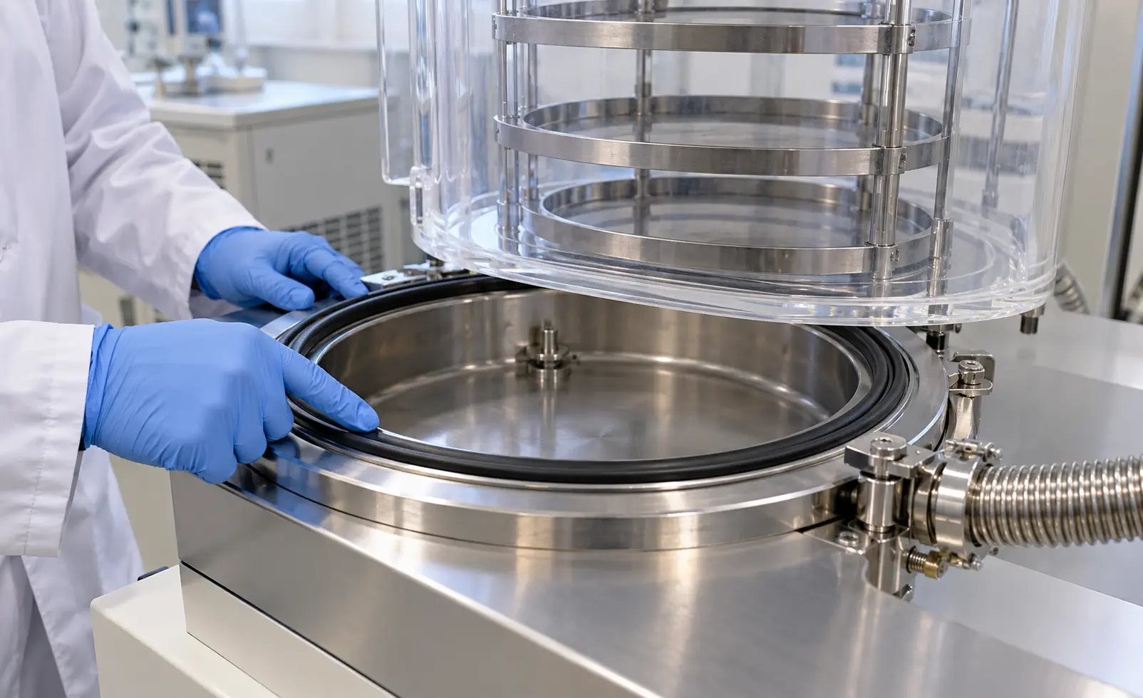Technician examining an O-ring and sealing surface on a laboratory freeze dryer chamber
