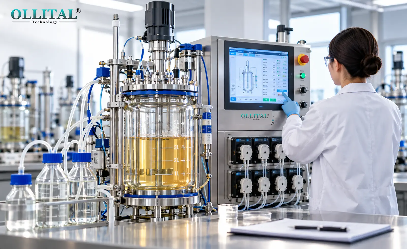 Operator monitoring a glass bioreactor control interface after seed transfer