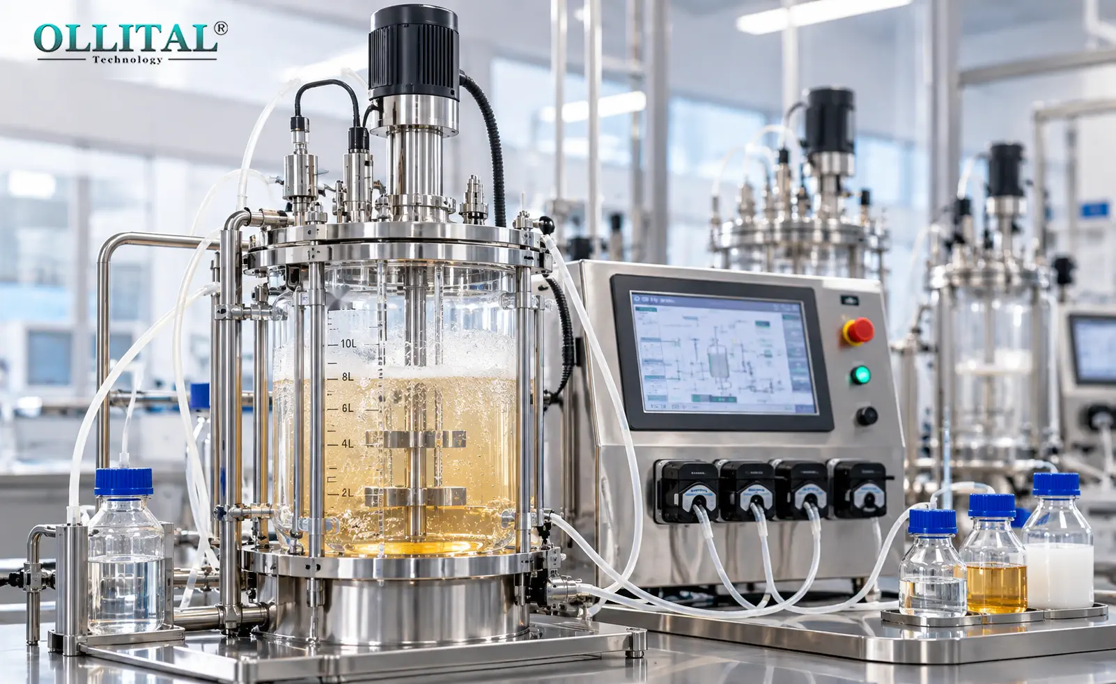 Glass bioreactor feed connections and controller used for receiving-stage seed culture discussion