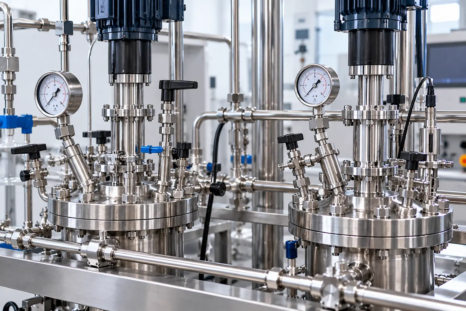 Parallel high-pressure reactor head connections and pressure gauges