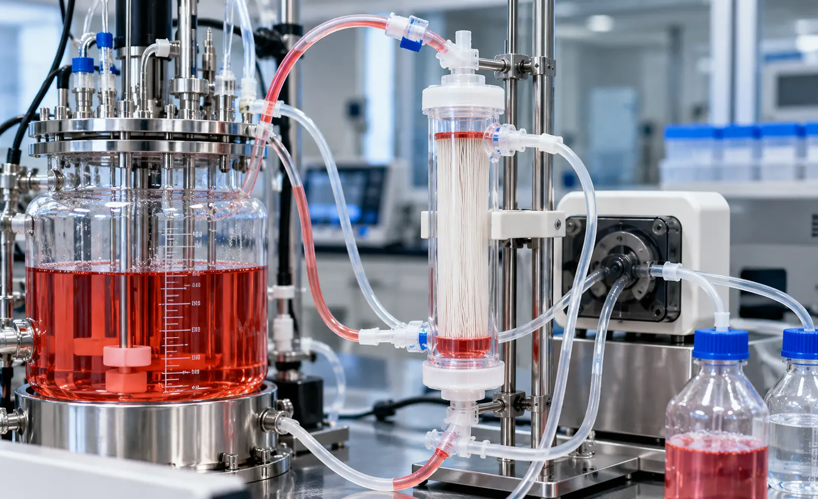 Perfusion bioreactor external hollow fiber retention loop and pumps