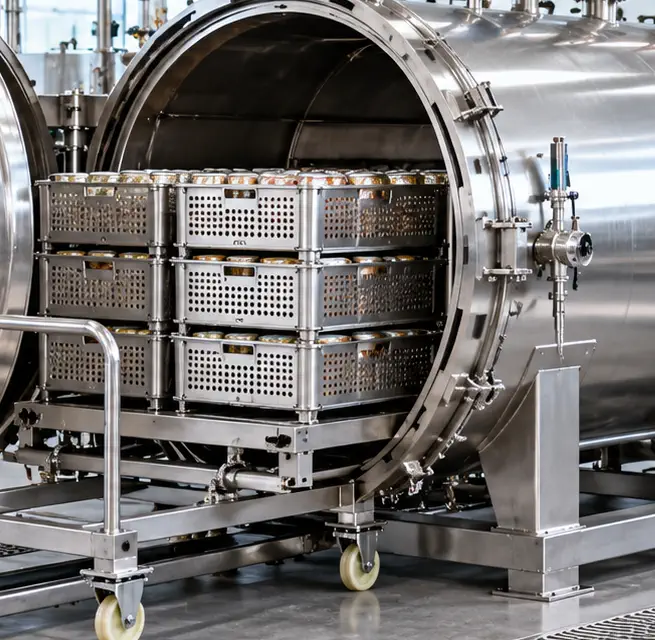Perforated baskets and loading trolley for food retort sterilization