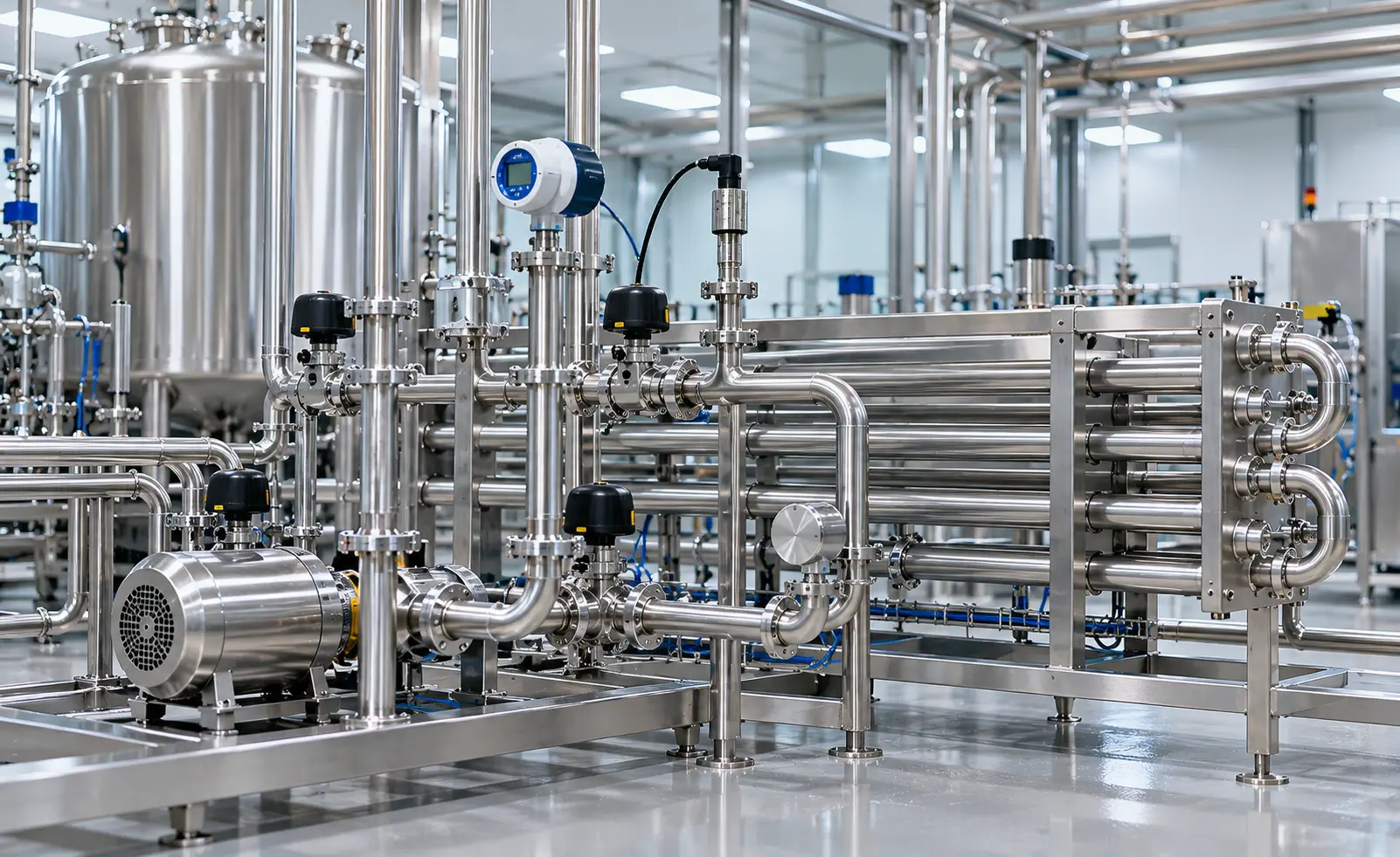 Illustrative tubular UHT processing skid with heat exchanger tubes pumps and sanitary valves